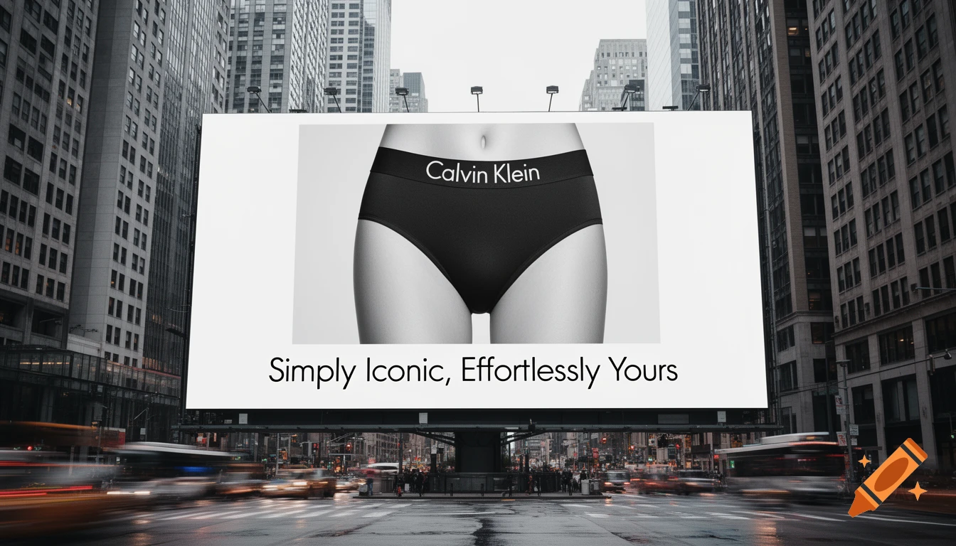 A large Calvin Klein underwear billboard featuring a woman's midsection in black panties, with the slogan 'Simply Iconic, Effortlessly Yours,' set against a blurry city street background.