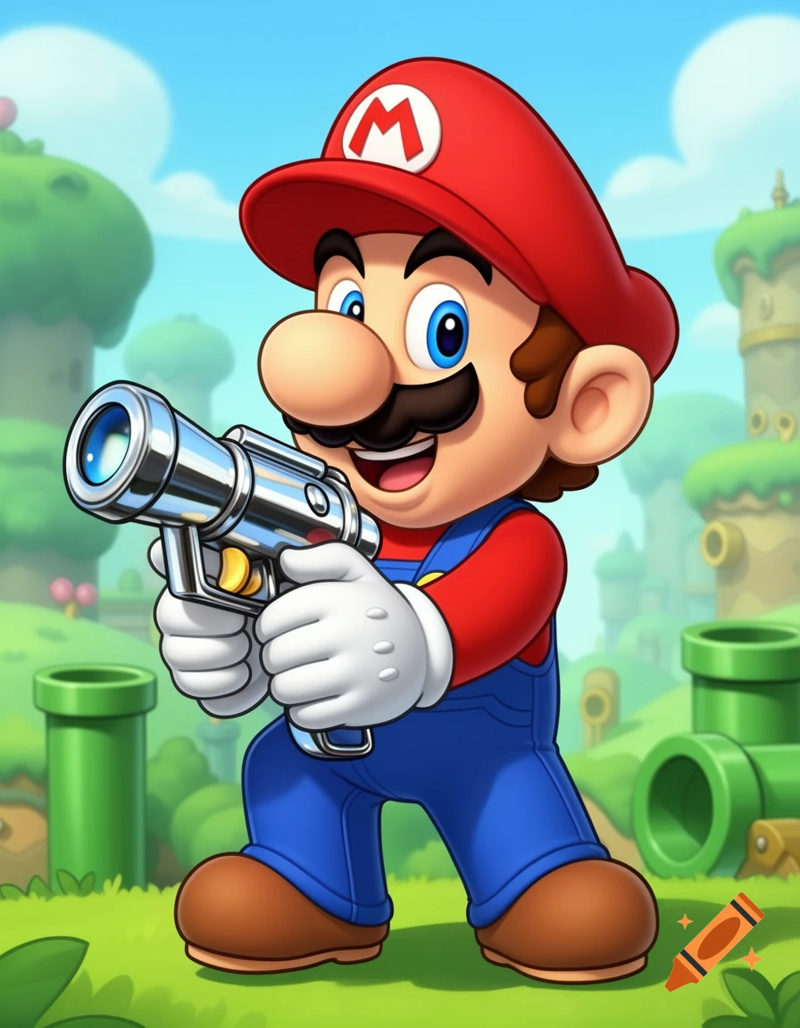 Cartoon Mario holds a futuristic silver gun, standing in a vibrant green landscape with blue pipes and mushrooms.