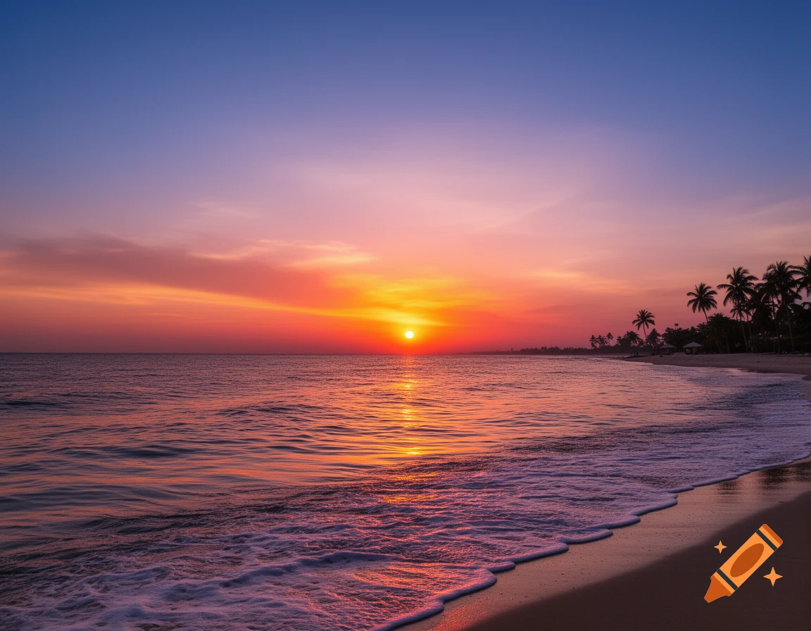 A vibrant sunset over a tropical beach, with an orange sun dipping into the ocean and palm trees silhouetted against a colorful sky.