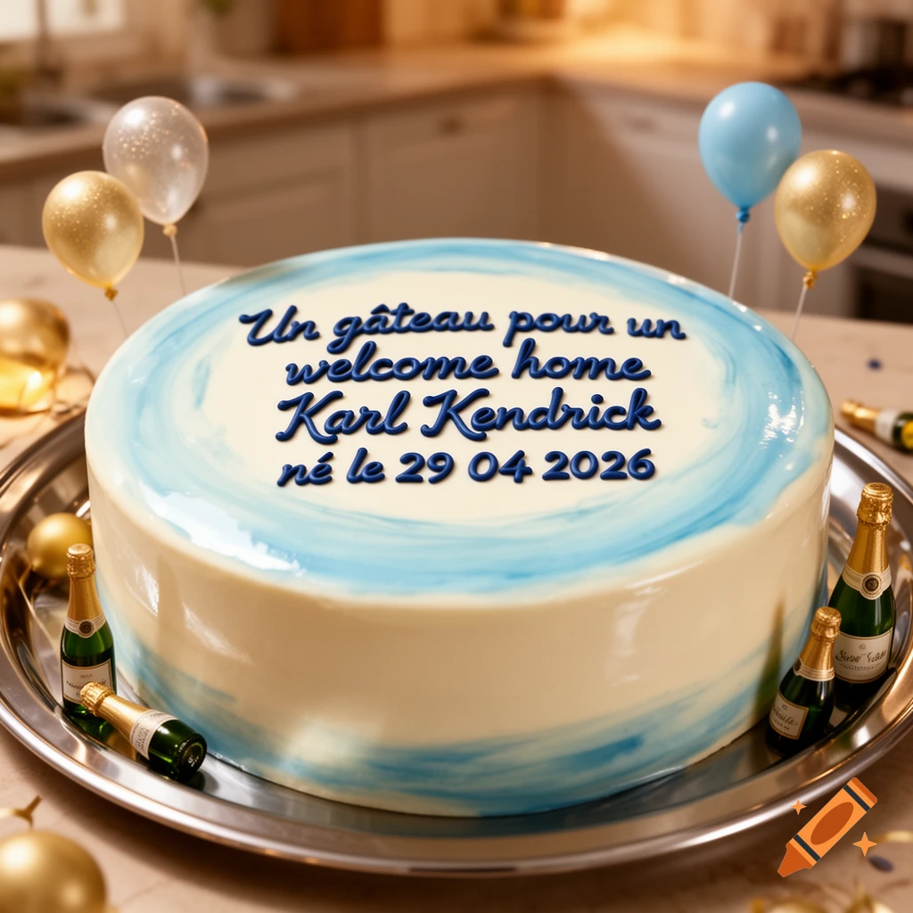 A white and blue celebration cake with text, balloons, and mini champagne bottles on a silver tray in a kitchen.