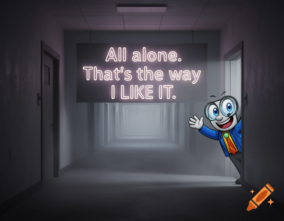 Cartoon computer support guy waves from a dark, misty hallway next to a neon sign reading 'All alone. That's the way I LIKE IT.'