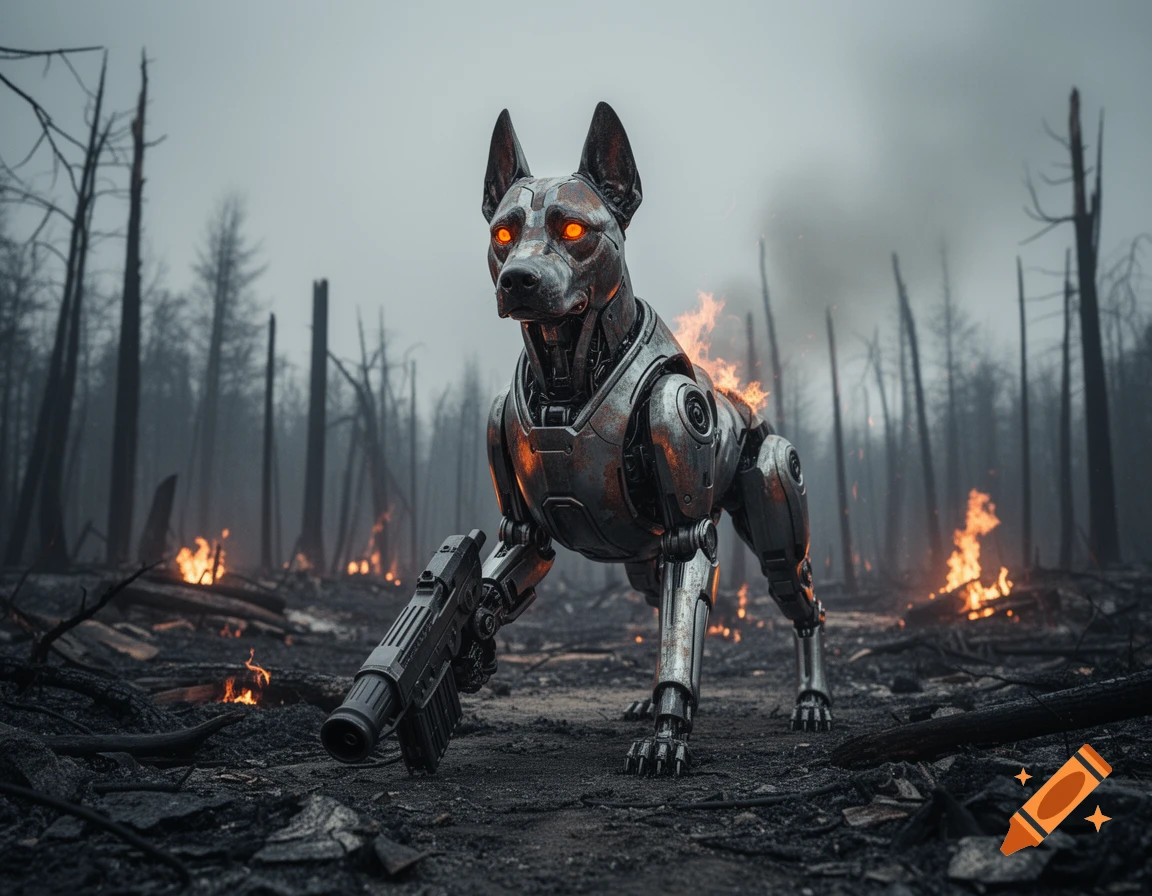 A metallic robotic dog with glowing orange eyes stands in a desolate, burning forest, holding a gun-like weapon.