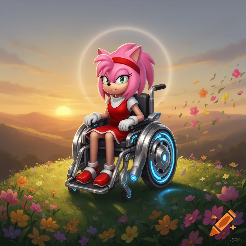 Amy Rose from Sonic the Hedgehog sits in a futuristic wheelchair in a vibrant field of flowers during sunset.