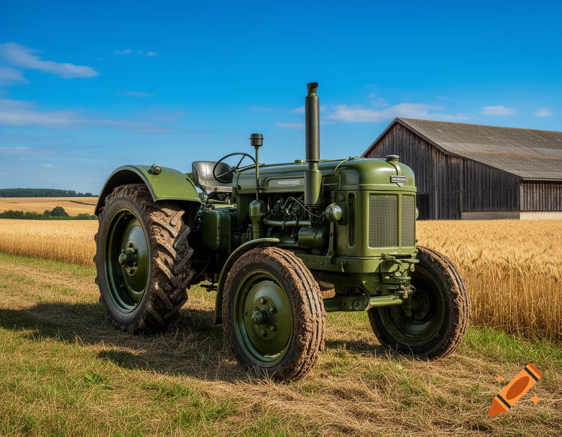 A vintage green Hanomag tractor parked in a golden wheat field next to a wooden barn under a blue sky.