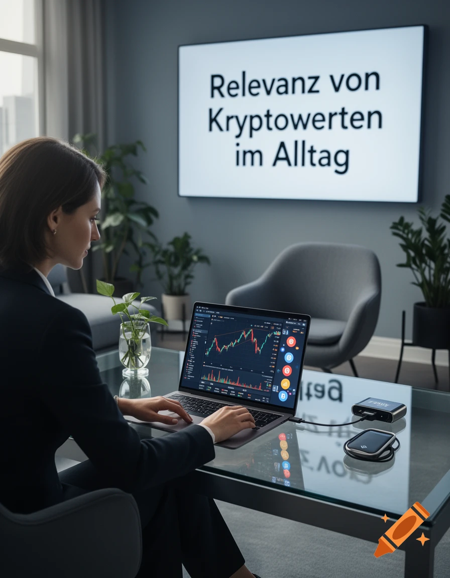 A woman in a suit works on a laptop showing crypto charts, with a large screen displaying 'Relevanz von Kryptowerten im Alltag' in a modern office.