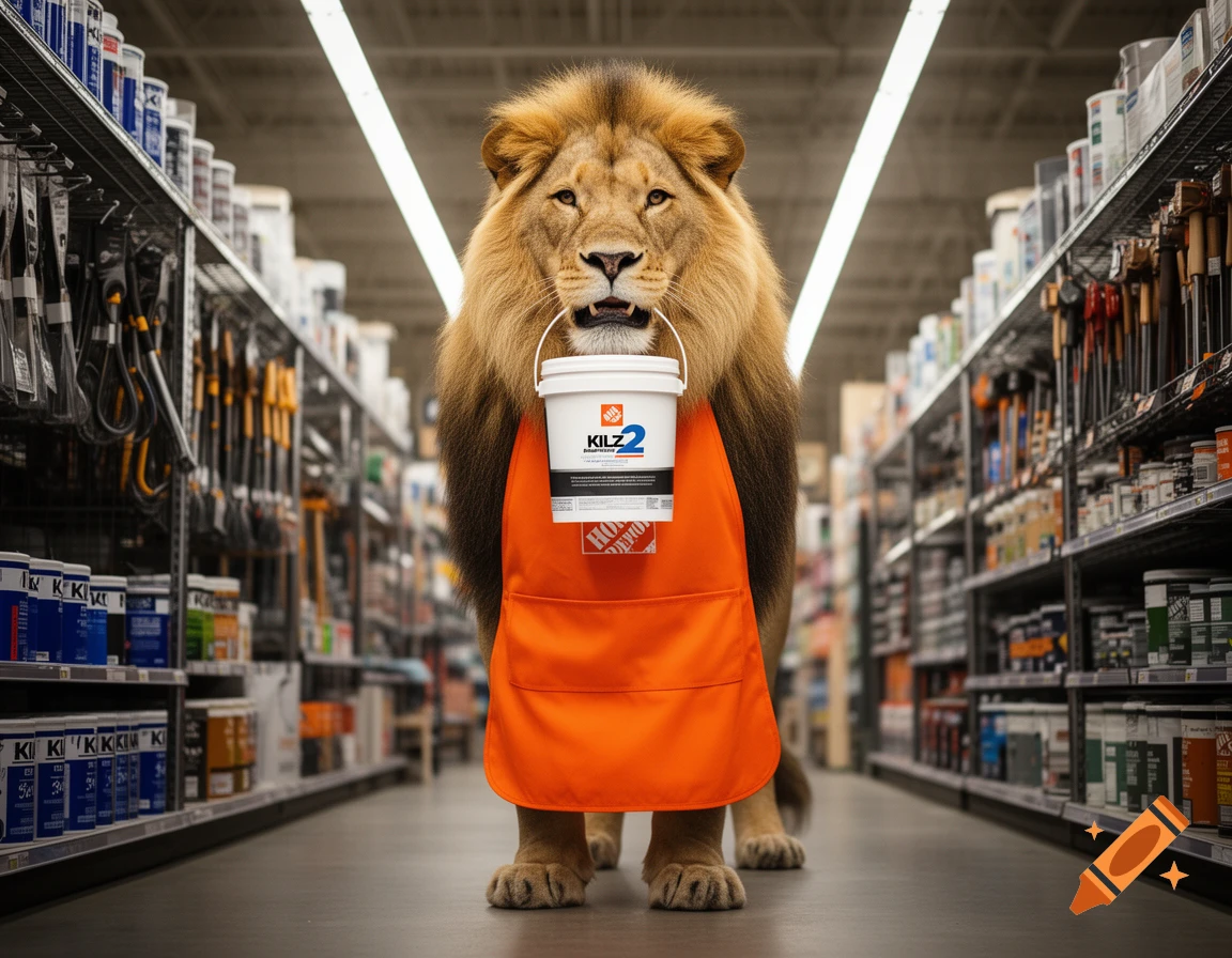 A photorealistic lion wearing an orange Home Depot apron stands in a store aisle, holding a white KILZ 2 paint bucket in its mouth.