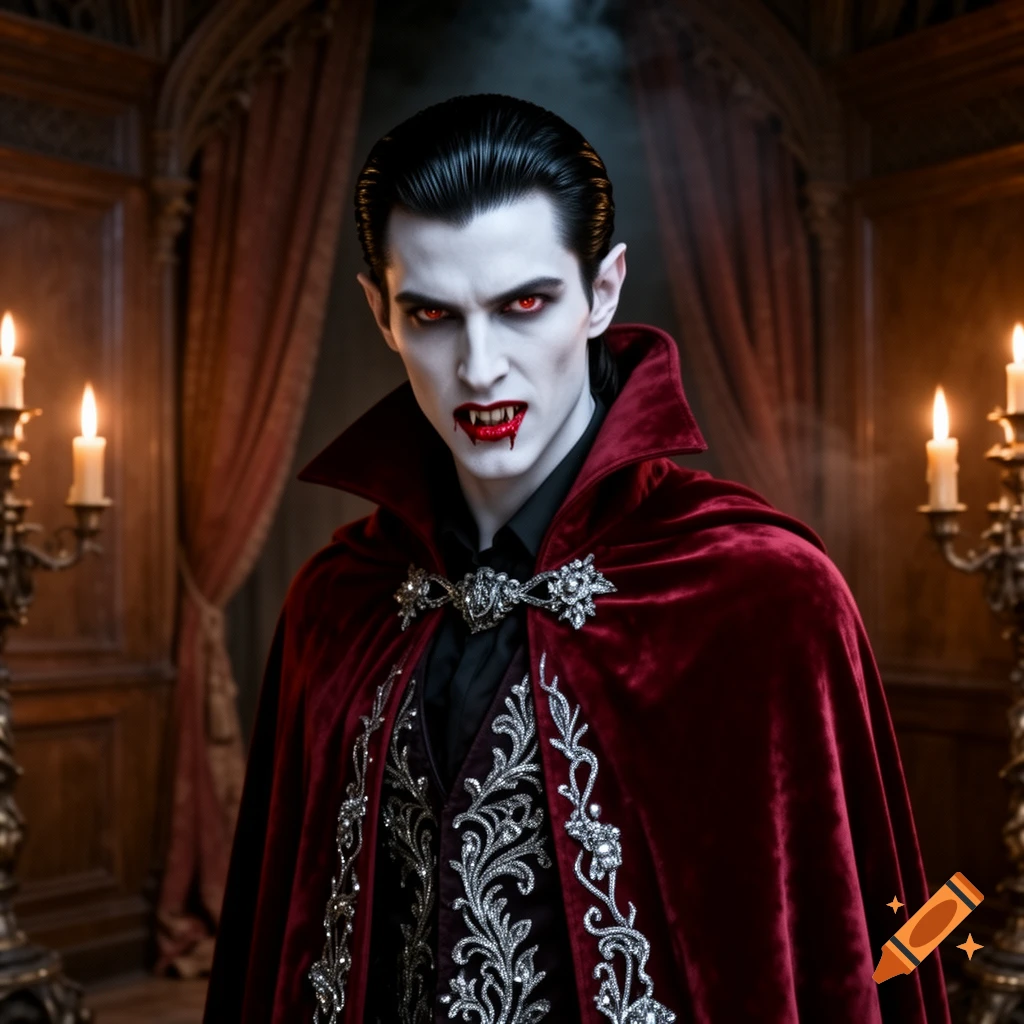 A pale-faced vampire with fangs and blood on his mouth, wearing a red velvet cape and ornate vest, in a Gothic setting.