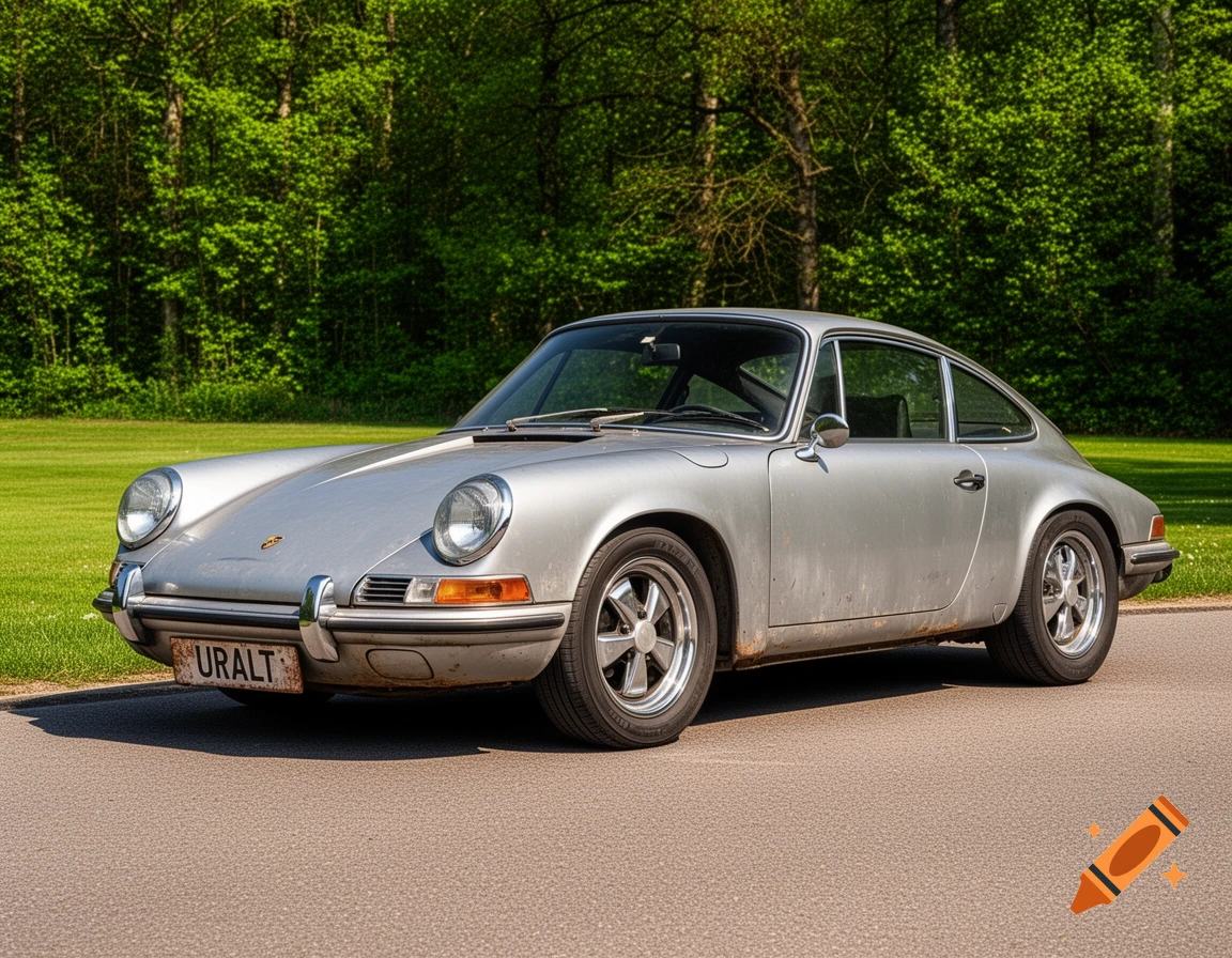A silver classic Porsche 911 parked on an asphalt road with green trees and grass in the background.