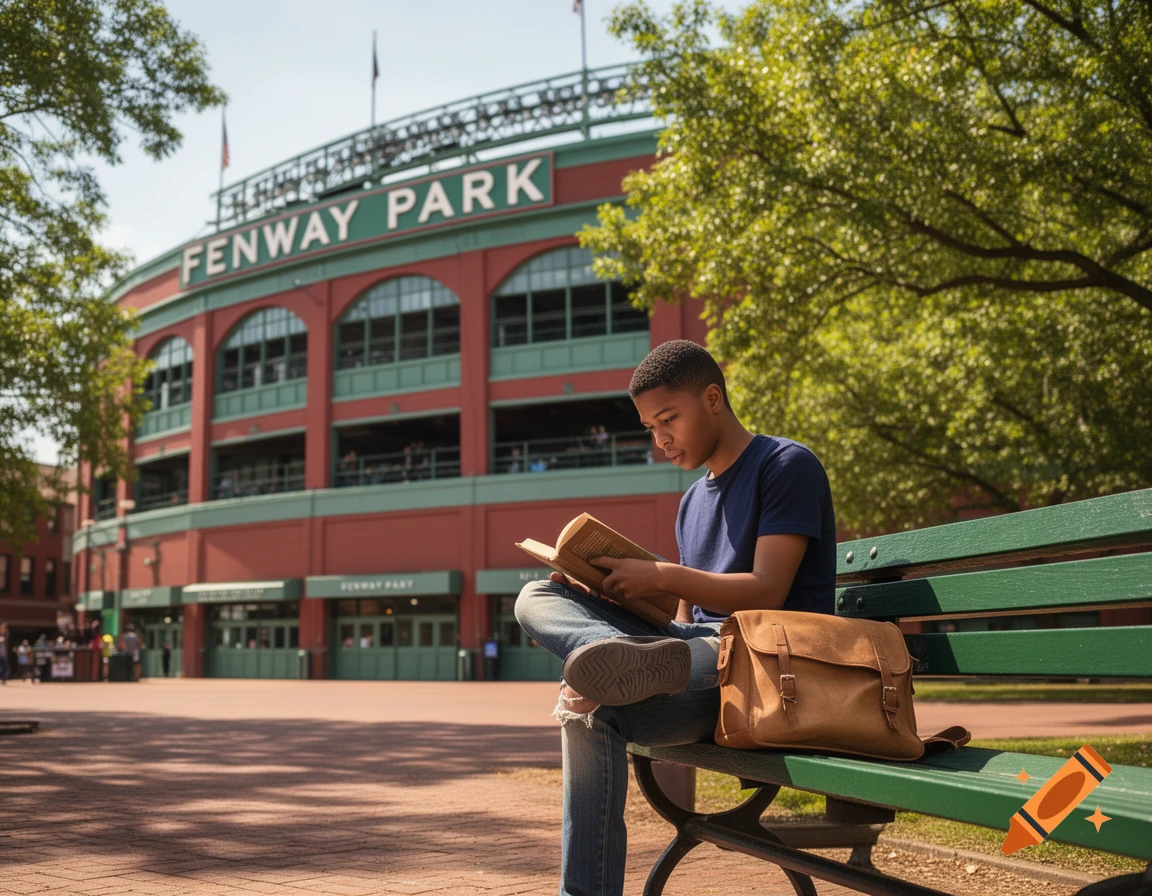 A young man reads a book on a green park bench with Fenway Park stadium in the background on a sunny day.