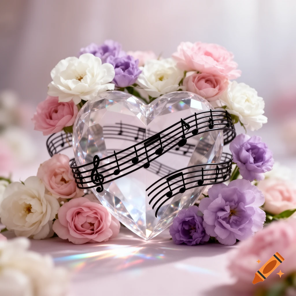 A sparkling crystal heart wrapped with musical staff and notes, surrounded by delicate pink, white, and purple roses in a photorealistic style.