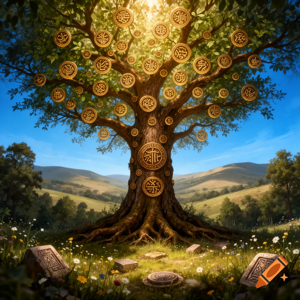 A vibrant tree adorned with numerous golden ancient symbols on its leaves and trunk, standing in a lush green valley under a sunny blue sky with carved stones at its base.