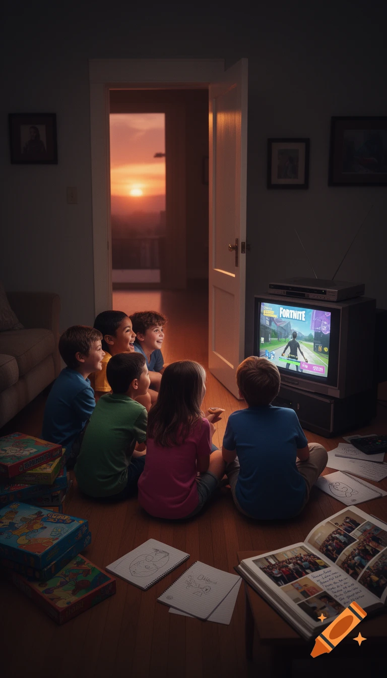 Six children sit on a wooden floor, mesmerized by a game of "FORTNITE" on an old TV in a dimly lit room, as a vibrant sunset glows through an open doorway.