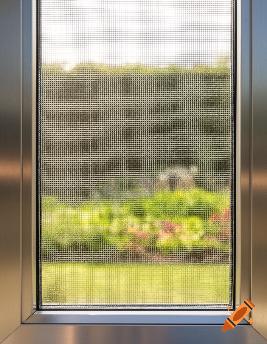 A close-up view of a metal-framed window with a fine insect screen, looking out onto a blurry green garden.