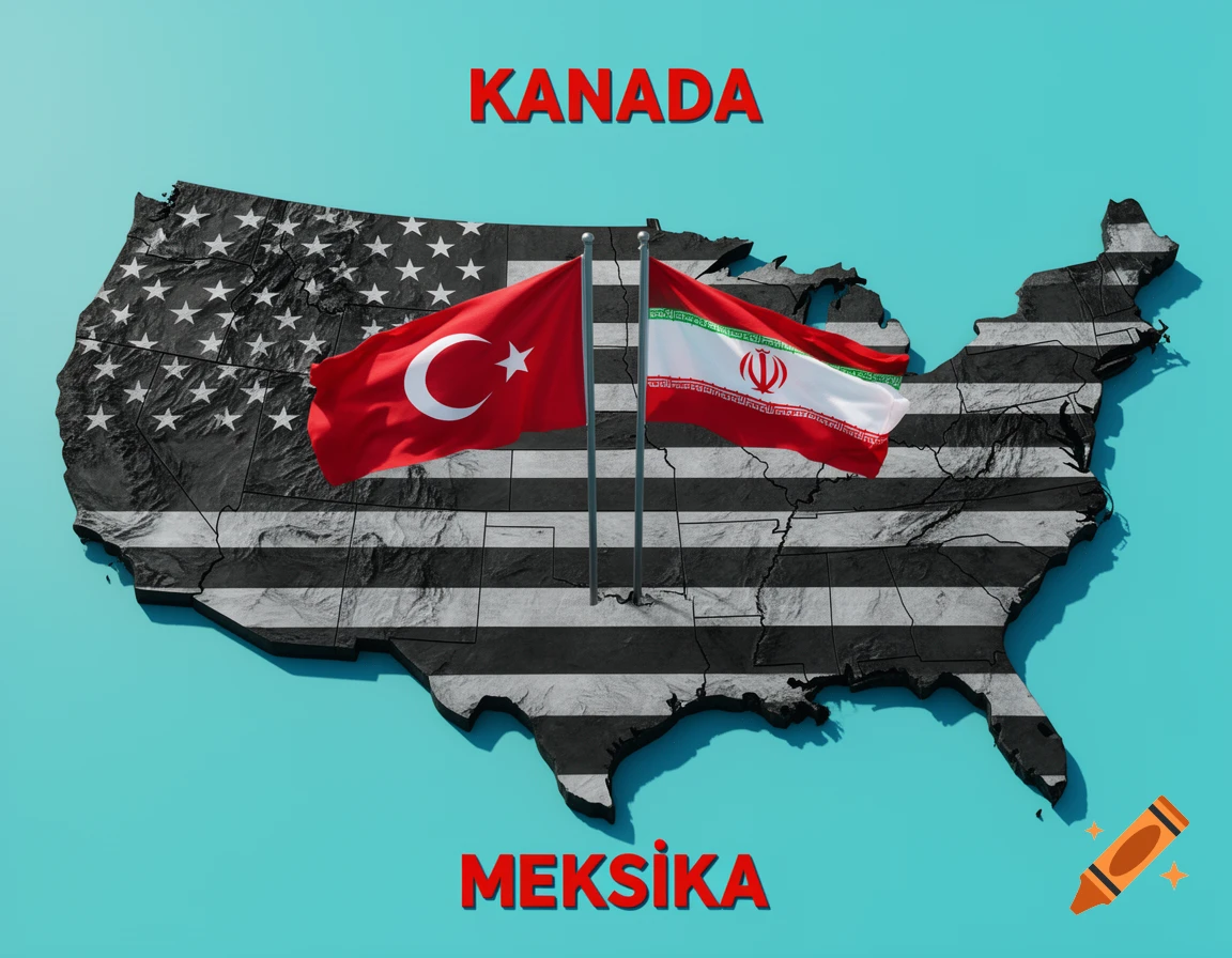 Stylized black and white map of the USA with Turkish and Iranian flags planted in the center. Red text 'KANADA' above, 'MEKSİKA' below, on a turquoise background.
