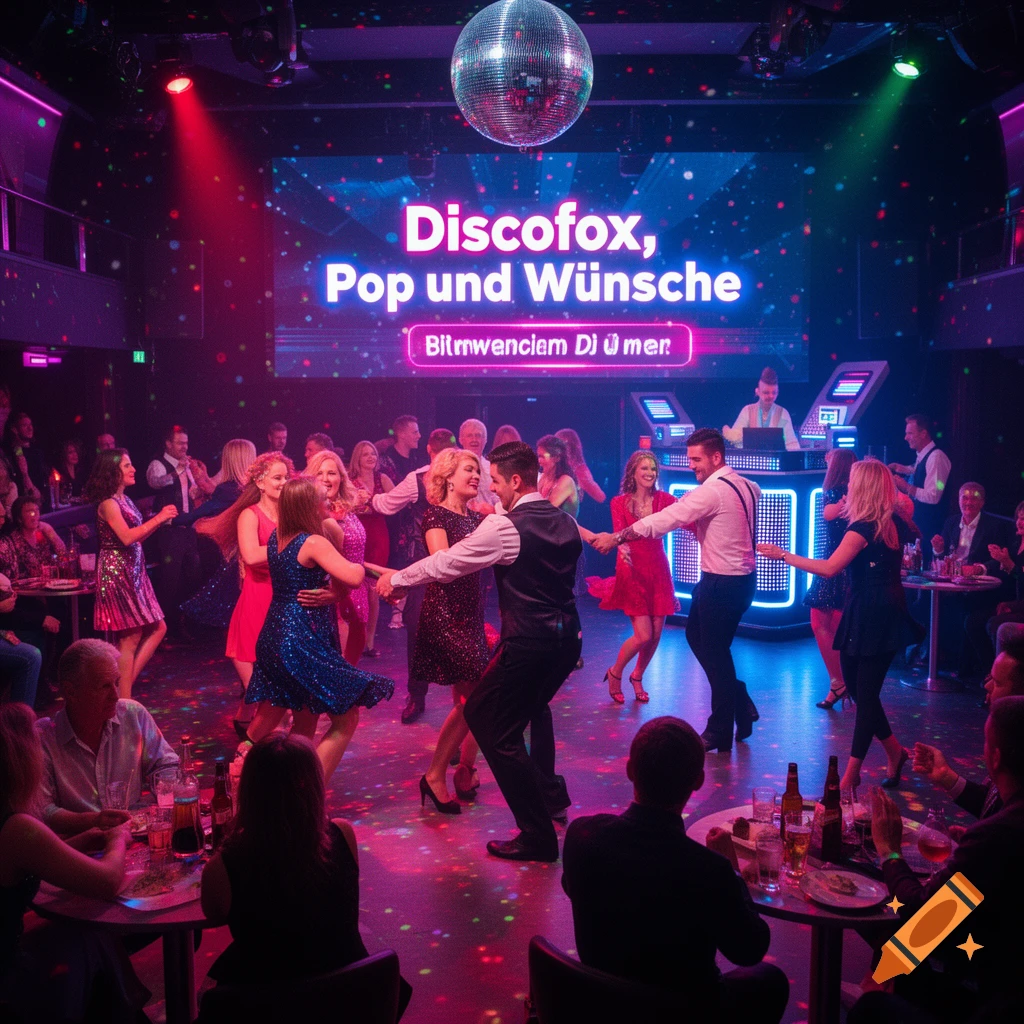 A lively disco scene with many people dancing under a large disco ball and a screen displaying "Discofox, Pop und Wünsche" in vibrant colors.