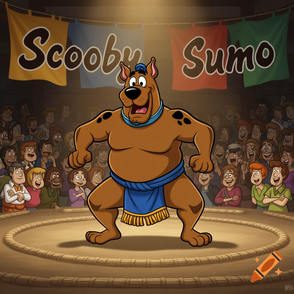 Cartoon Scooby-Doo in sumo gear on a wrestling ring, with 'Scooby Sumo' banners and an audience.