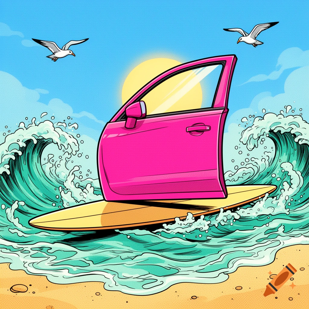 Pink car door on a yellow surfboard in turquoise ocean waves, with a sunny sky and seagulls, comic art style.