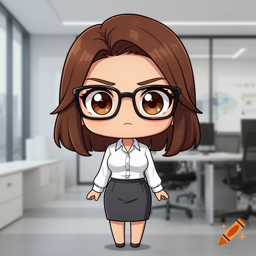 Digital art chibi character of a professional woman with brown hair, black glasses, white shirt, and gray skirt, standing in an office.