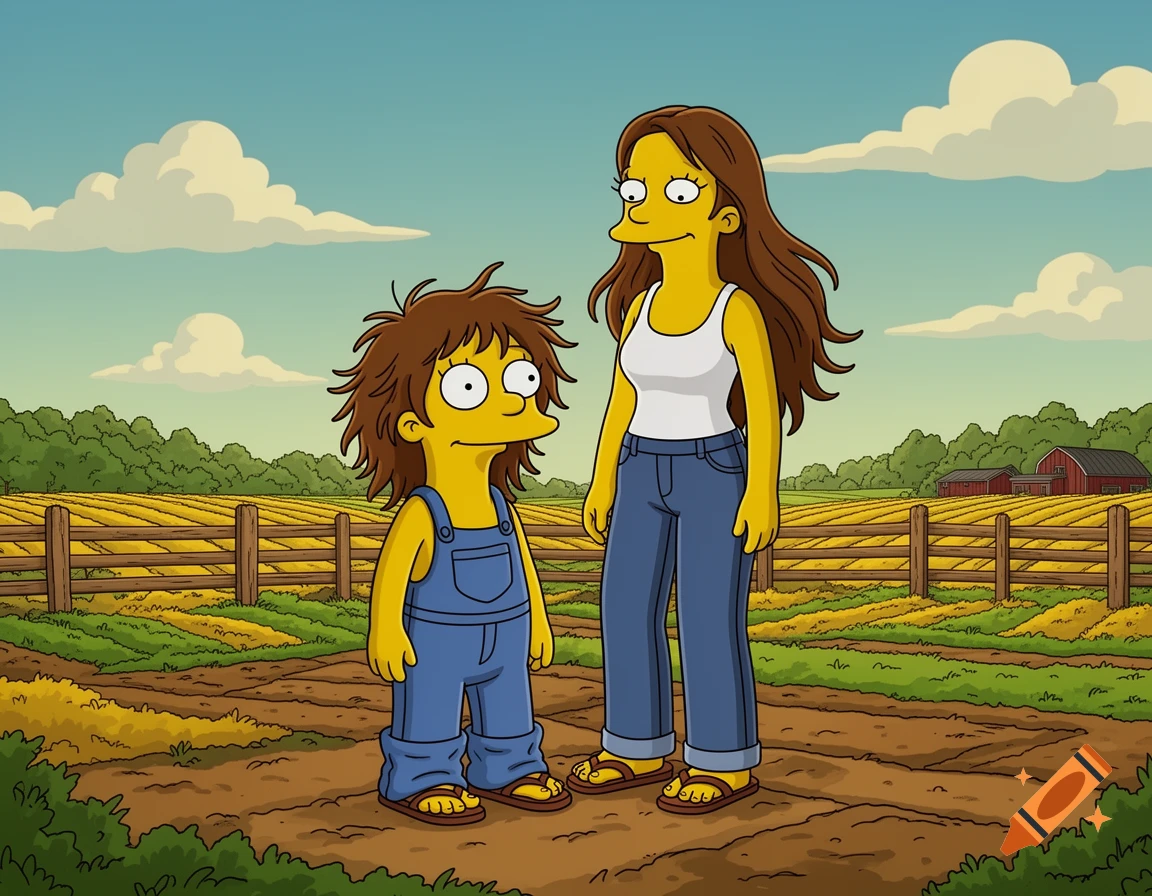 A boy in blue overalls and a woman in a white tank top and blue jeans, both with brown hair in The Simpsons style, stand on a farm.