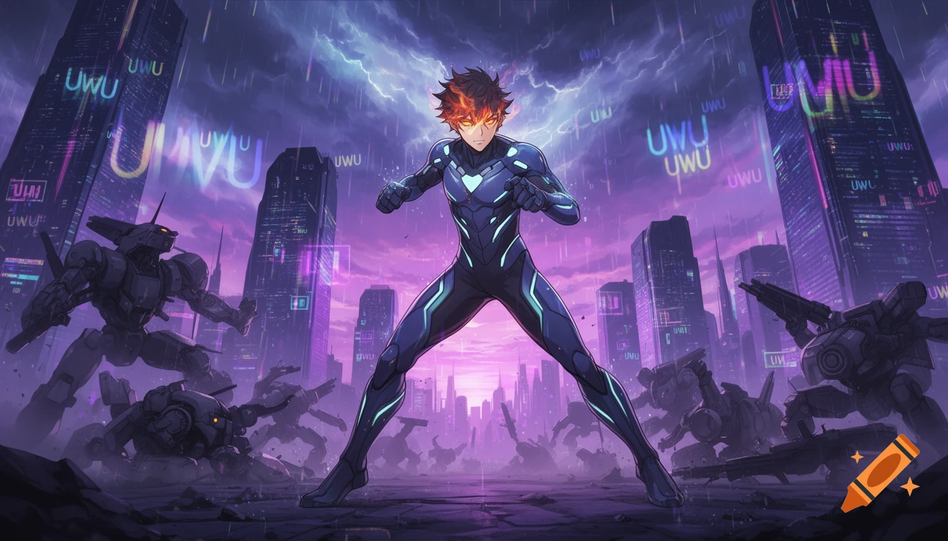 An anime hero with glowing eyes in a blue suit stands in a futuristic city with neon 'UWU' signs and robots.