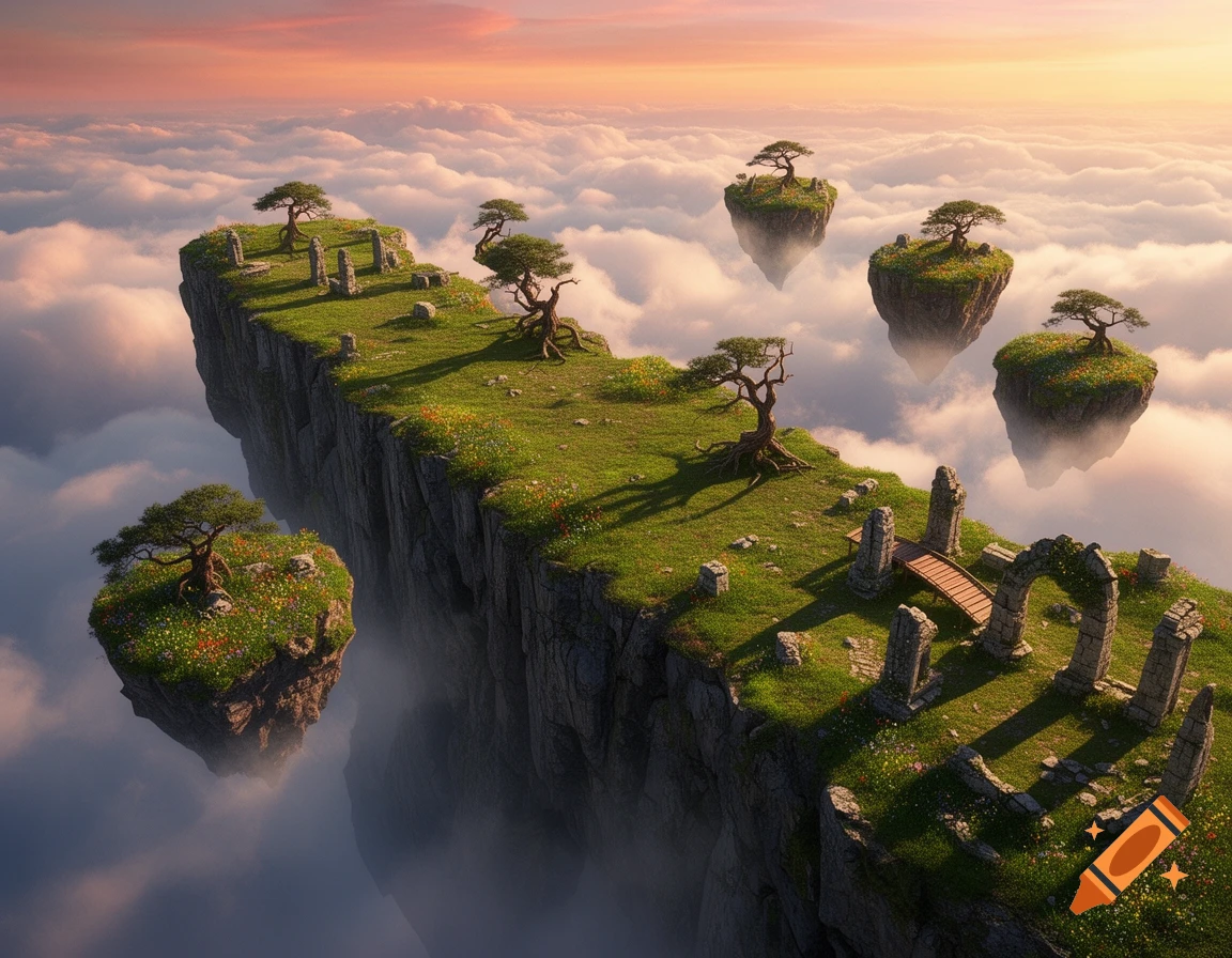 A fantasy landscape of floating grassy islands with trees and ancient stone ruins high above clouds under a sunset sky.