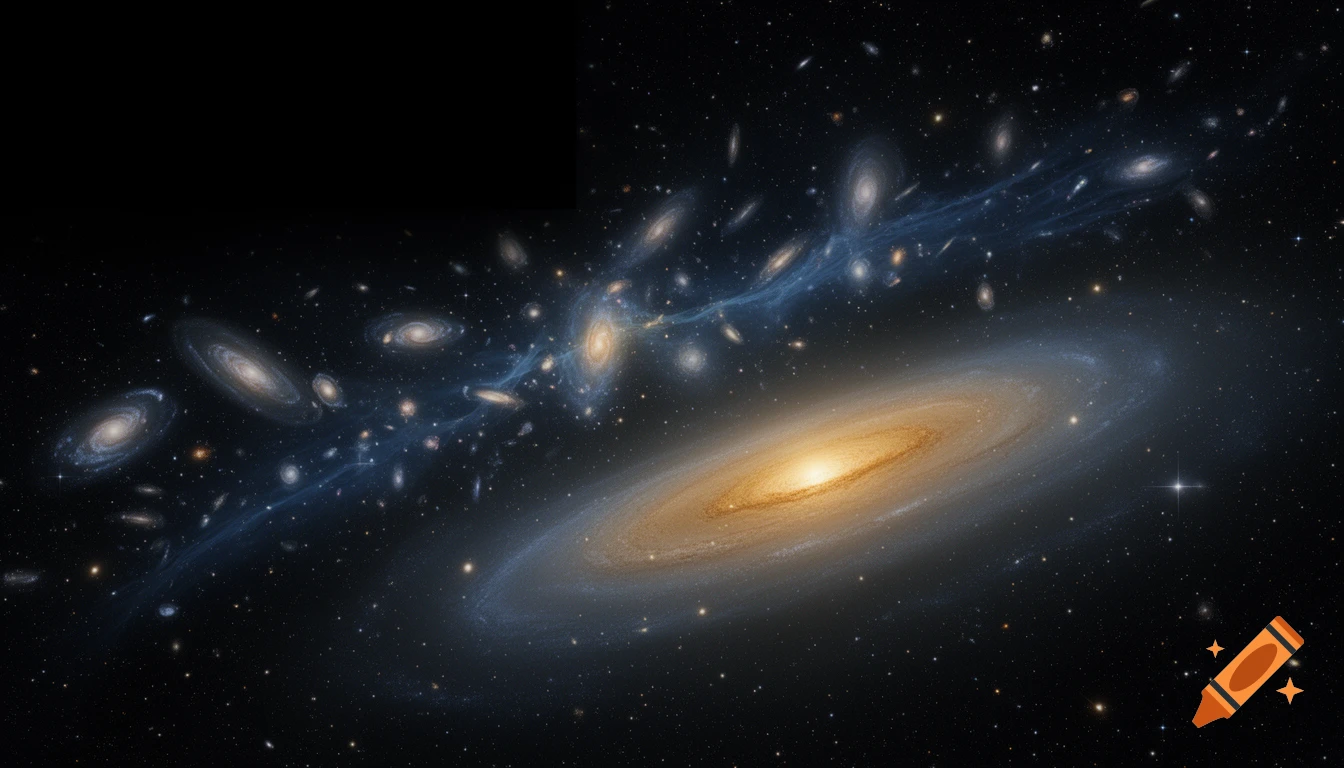 A photorealistic deep space image shows a large spiral galaxy with a golden core, surrounded by numerous smaller galaxies and blue streams of starlight against a dark, star-dusted background.