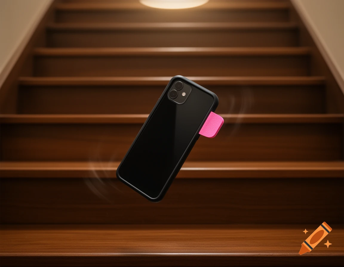 A black smartphone with a black case and a pink pop socket falls down wooden stairs, captured mid-air.