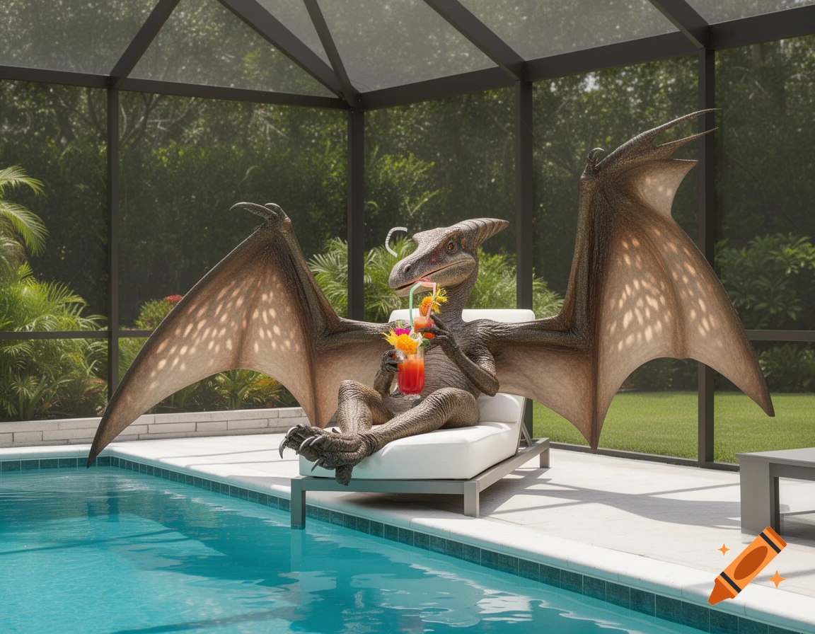 A photorealistic pterodactyl sits on a lounge chair by a swimming pool in a screened enclosure, holding two cocktails.