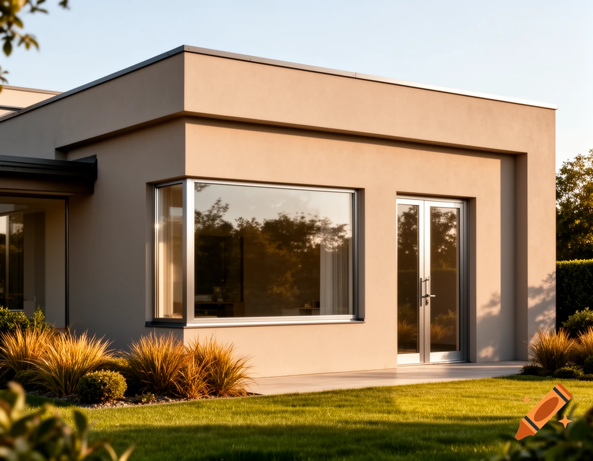 A modern house with large windows and a glass double door, surrounded by a green lawn and ornamental bushes under a clear sky.