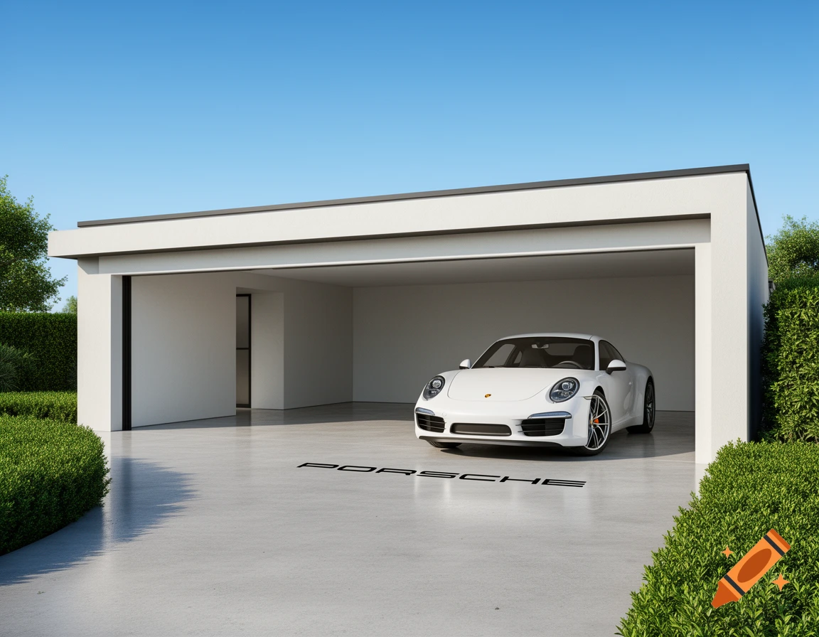 A white Porsche 911 parked inside a modern, open garage with 'PORSCHE' on the concrete floor, surrounded by hedges under a blue sky.