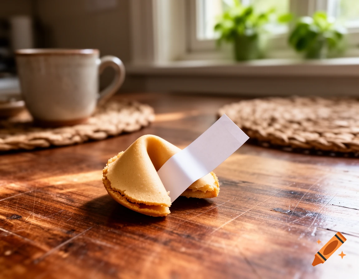 A close-up, photorealistic image of a fortune cookie with a blank slip on a wooden kitchen table.