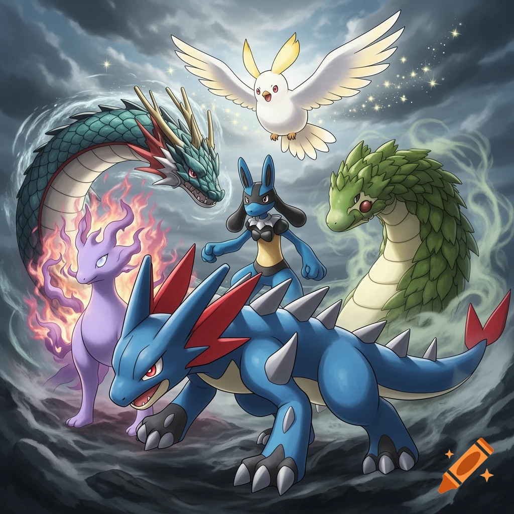 A group of Pokémon including Gyarados, Hisuian Goodra, Lucario, Togekiss, Hisuian Typhlosion, and Garchomp, posed against a stormy sky in an anime art style.