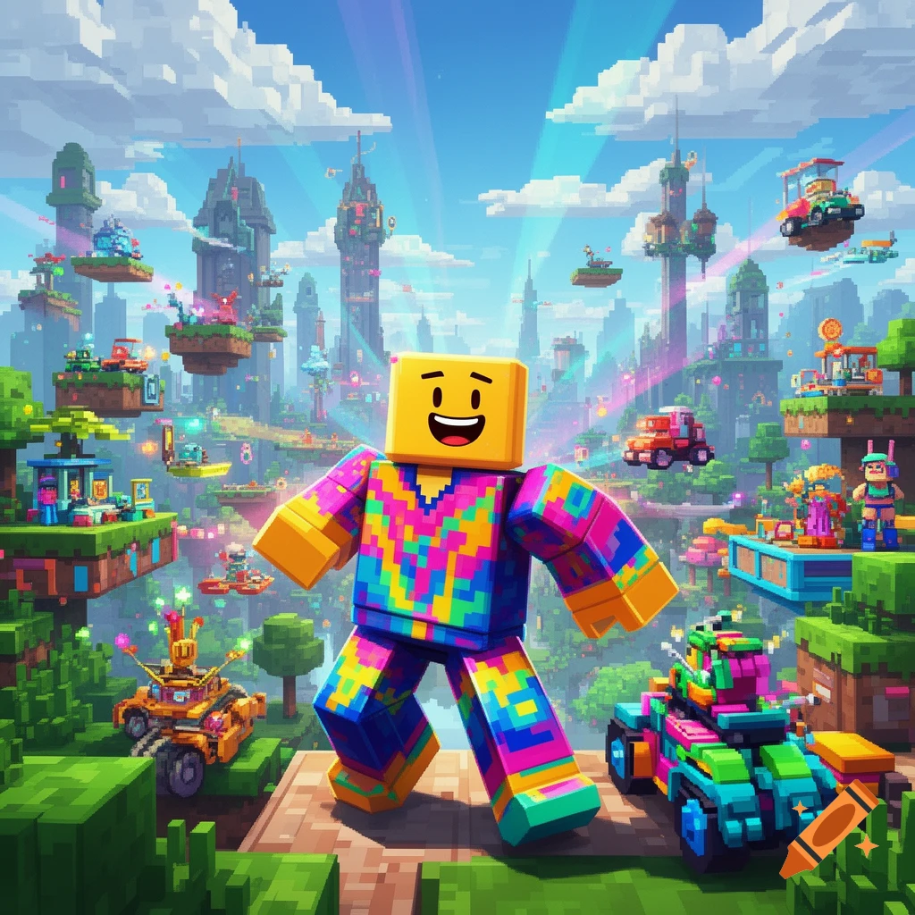 A blocky smiling character in a colorful tie-dye outfit stands in a vibrant pixelated world with floating islands and blocky vehicles.