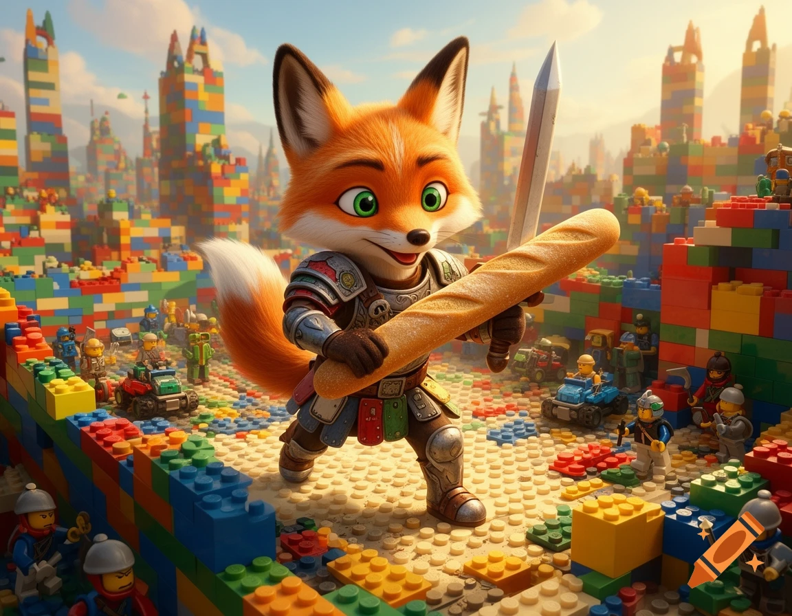Cartoon fox warrior holds a sword and baguette on a battleground made of colorful Lego bricks and minifigures.