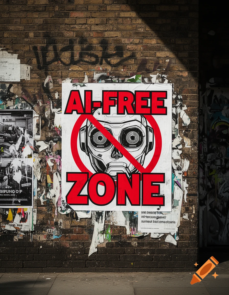 An 'AI-FREE ZONE' poster with a crossed-out robot head on a graffiti-covered brick wall.