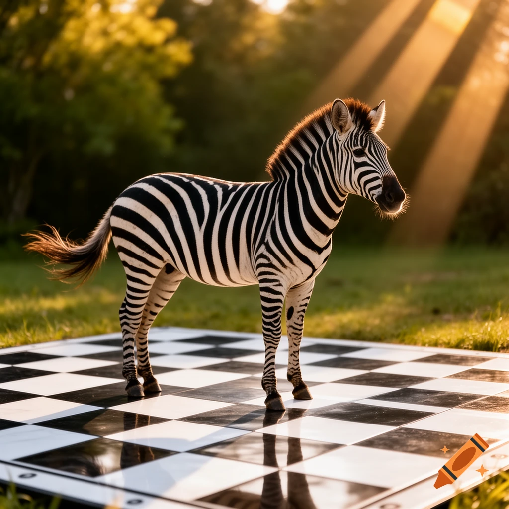 A realistic zebra stands on a large chessboard laid out in a grassy field with trees in the background and golden sunlight streaming through.