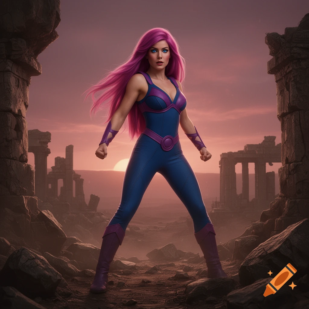 A powerful woman with long pink hair in a blue and purple superhero suit stands amidst ancient ruins at sunset.