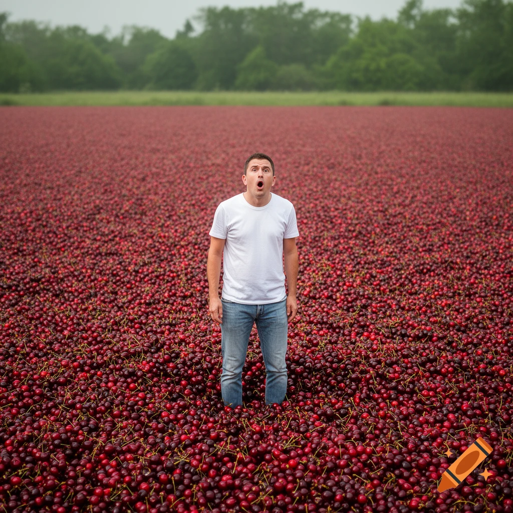 A man with an open-mouthed expression of surprise stands knee-deep in a vast, dense field of red cherries under an overcast sky.