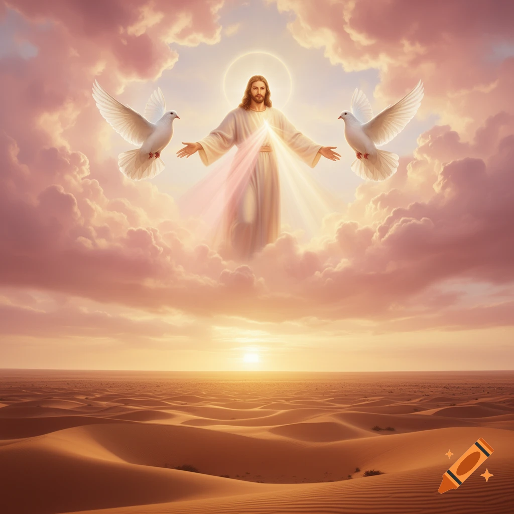 Jesus Christ with outstretched arms, surrounded by pink and gold clouds and two white doves, above a desert sunset.