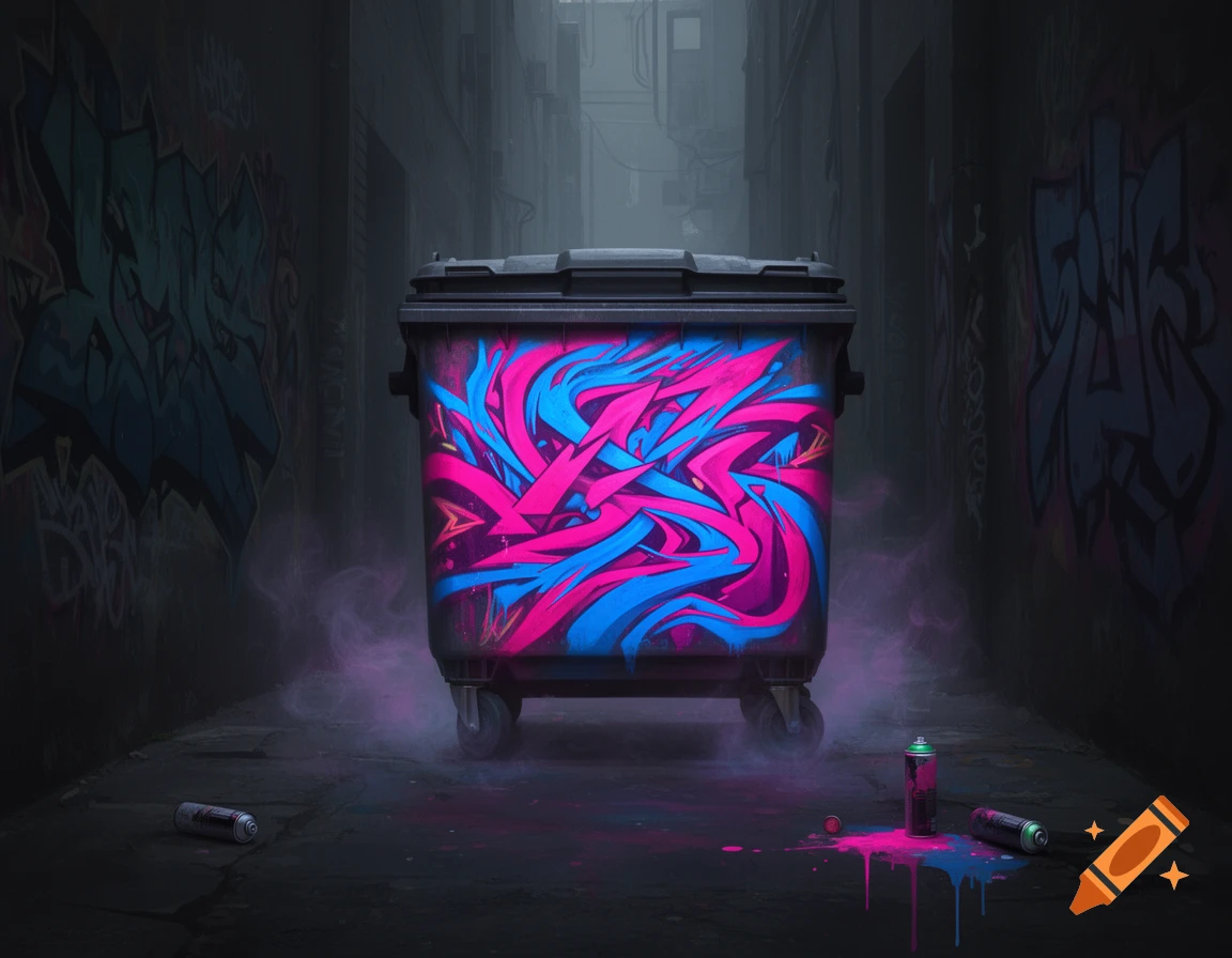 A brightly graffitied dumpster in pink and blue sits in a dark, smoky urban alley, with spray paint cans and drips on the ground.