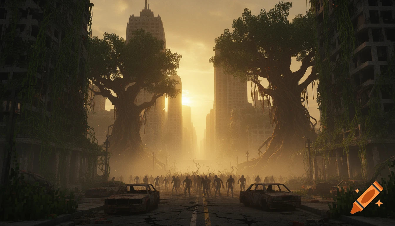 A post-apocalyptic Minecraft city at golden hour with ruined skyscrapers, overgrown trees, and distant zombie hordes in volumetric fog.
