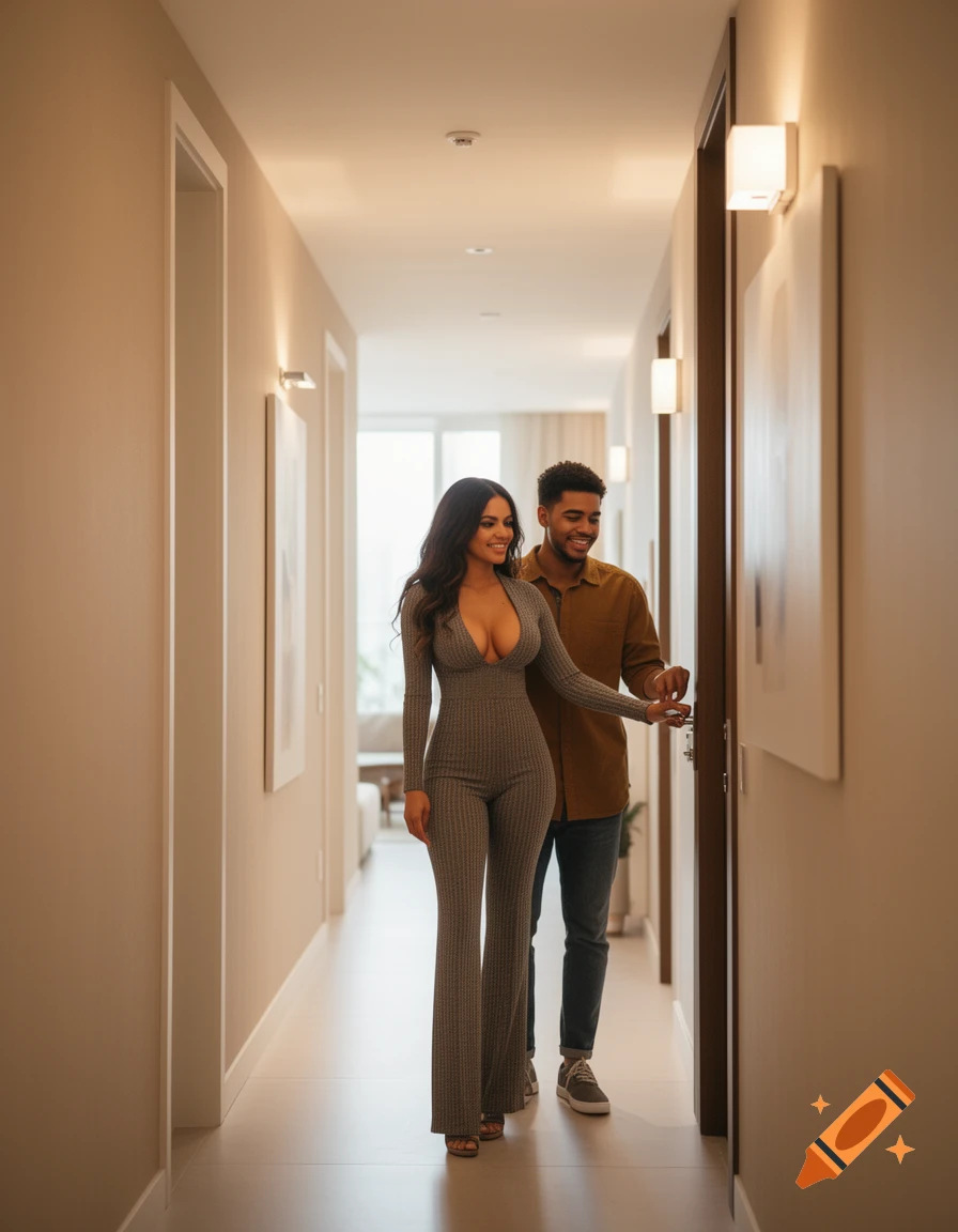A photorealistic image of a woman in a grey jumpsuit and a man in a brown shirt standing in a modern hallway. The woman is reaching for a door.