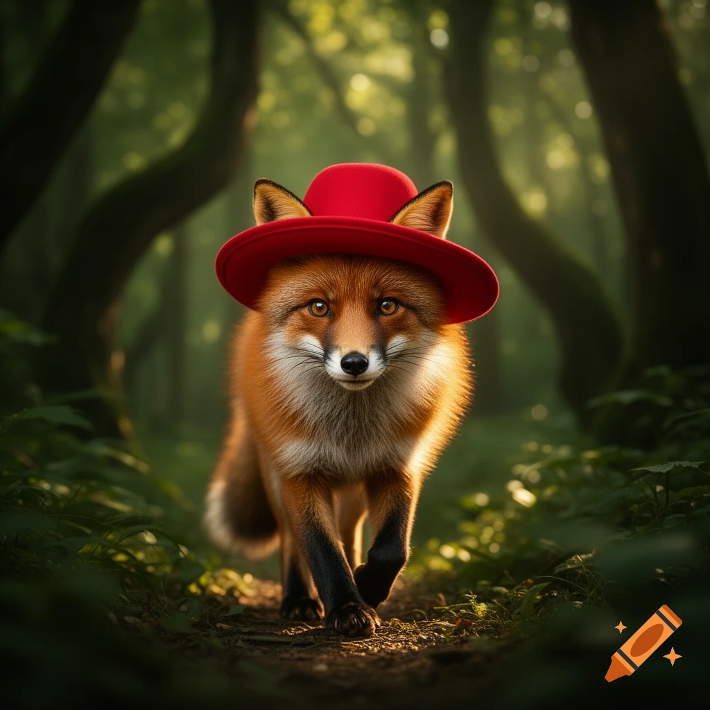 A photorealistic fox wearing a red hat walks on a path in a lush green forest with dappled sunlight.