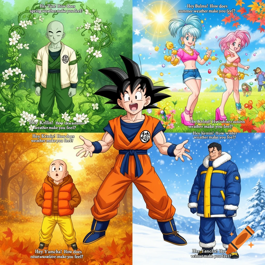 Goku asks characters about different seasons: Tien in spring, Bulma in summer, Krillin in autumn, and Yamcha in winter, in anime style.