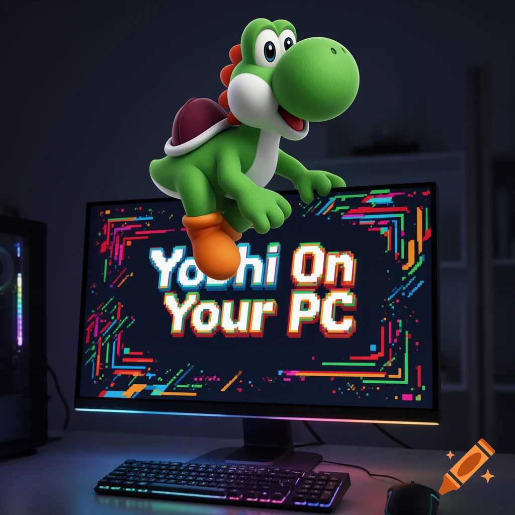A 3D rendered Yoshi sits on a PC monitor displaying "Yoshi On Your PC" against a colorful pixelated background.