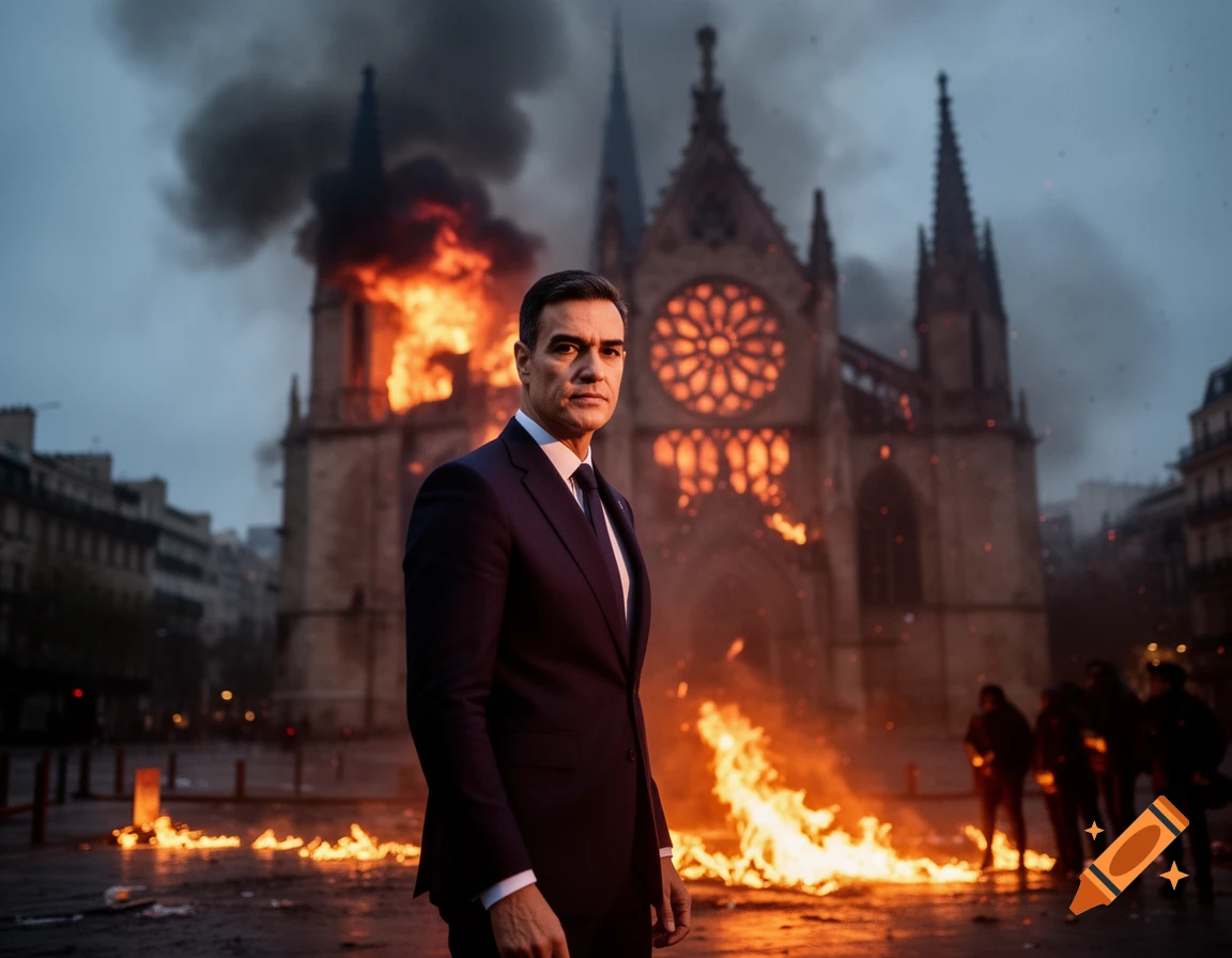 A man in a dark suit stands looking forward, with a gothic church ablaze behind him and fires on the street, photorealistic.