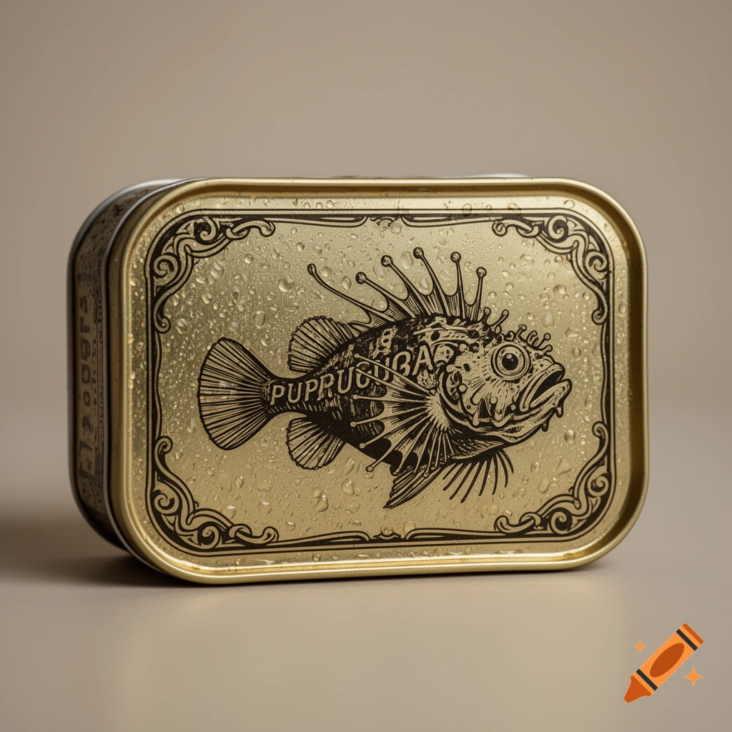 A gold rectangular tin covered in water droplets features a black vintage-style illustration of an ornate, spiky fish and decorative borders on a light background.