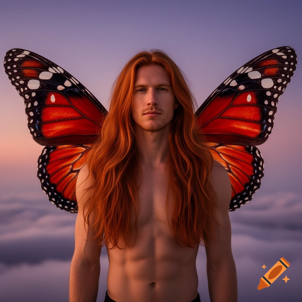 A photorealistic portrait of a shirtless man with long red hair and monarch butterfly wings, standing above clouds at sunset.