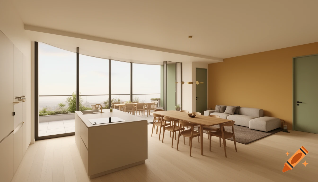 Photorealistic modern open-plan apartment interior with kitchen, dining, and lounge areas, ochre and sage green walls, and a large terrace.