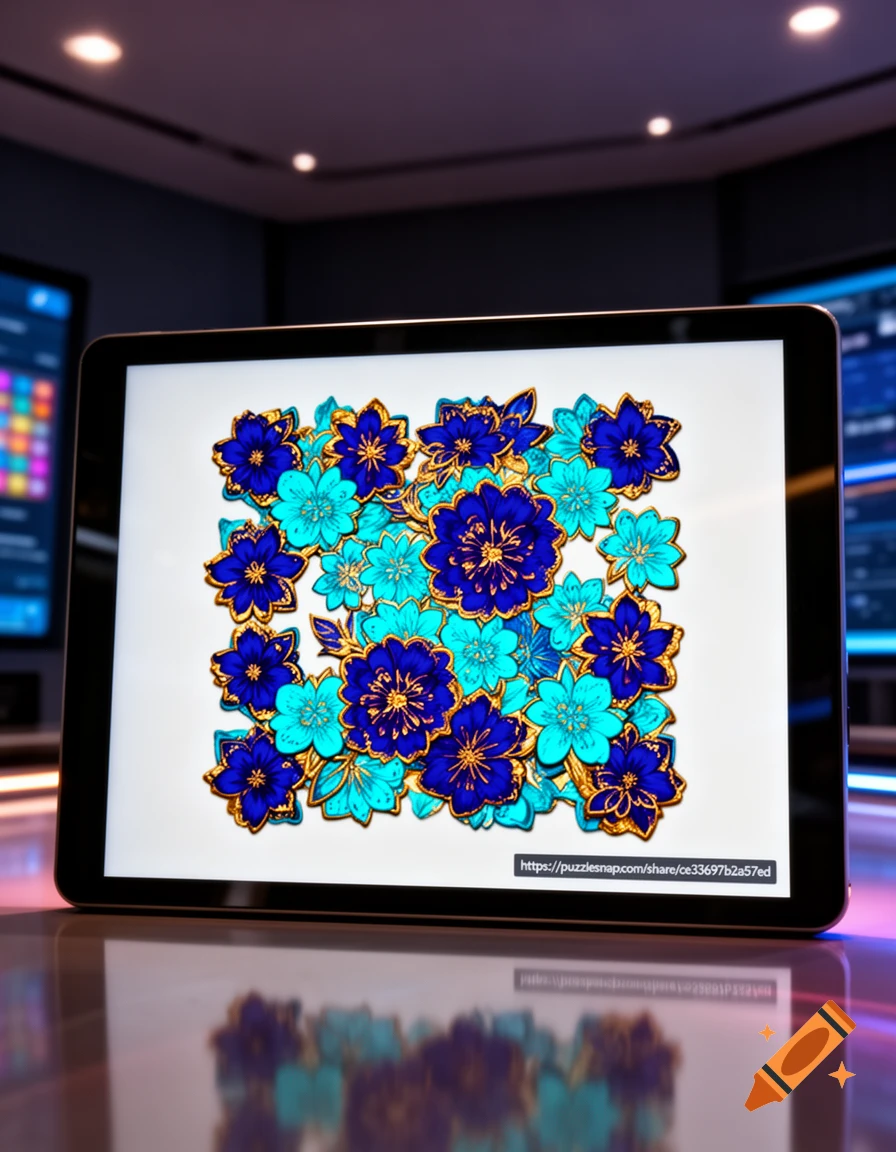 A tablet displays a vibrant pattern of blue and teal flowers with gold outlines, reflecting on a polished surface.